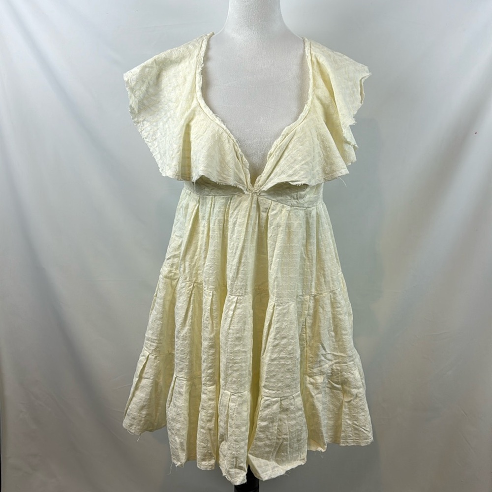Free People Undone V Neck Ruffle Flutter Sleeves Off White Mini Dress Size L - Picture 5 of 16